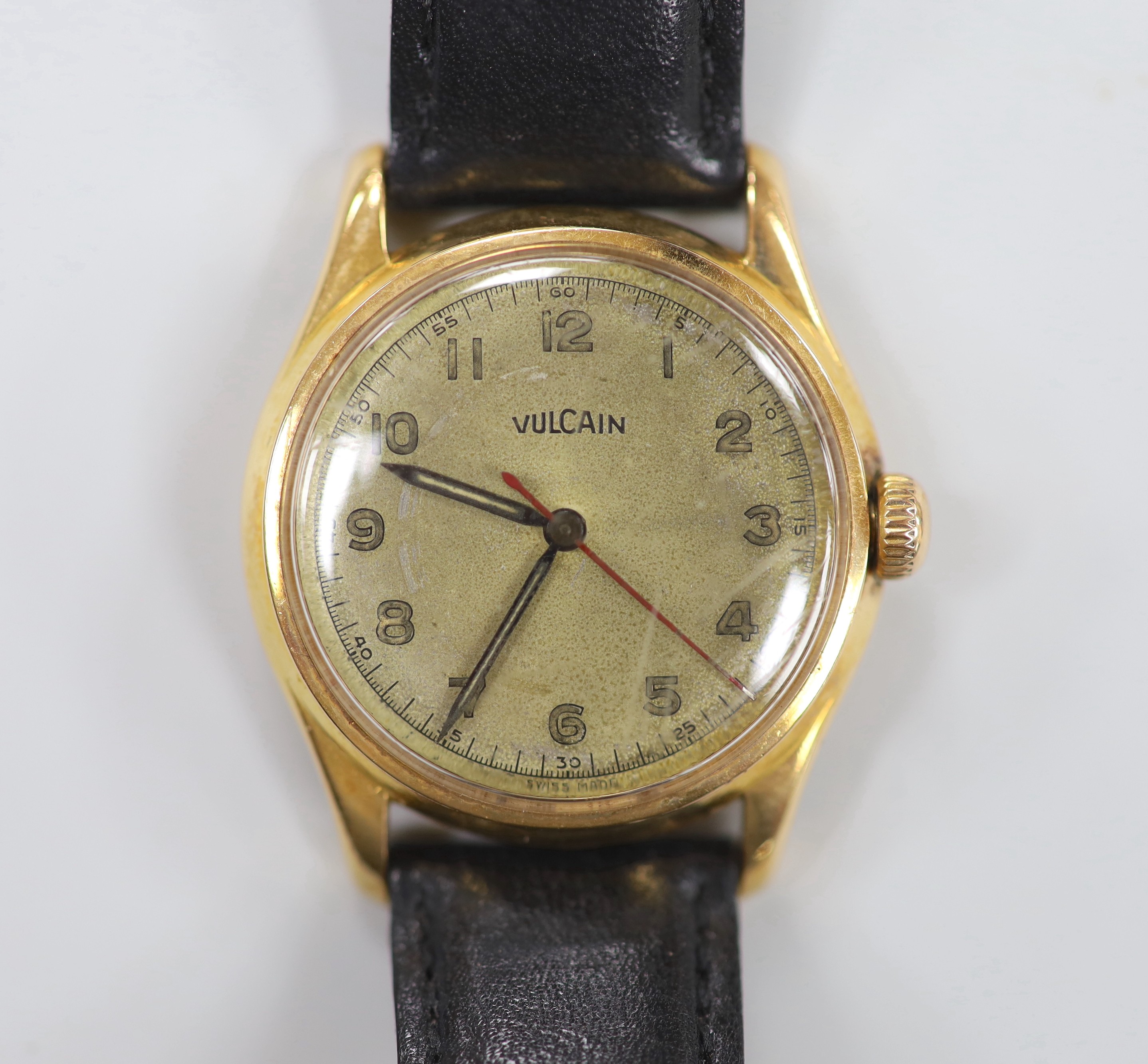 A gentleman's late 1940's? 18ct gold Vulcain automatic wrist watch, with Arabic dial, cased diameter 30mm, on later leather strap, gross weight 36.2 grams.